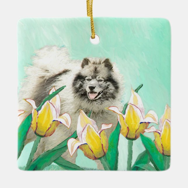 Keeshoni Tulips Painting Cute Original Hund Art Julgransprydnad Keramik (Framsida)