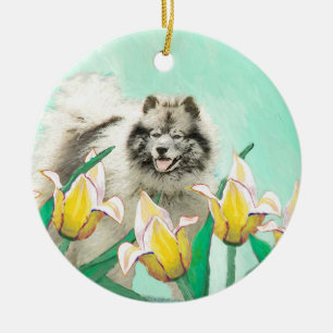 Keeshoni Tulips Painting Cute Original Hund Art Julgransprydnad Keramik