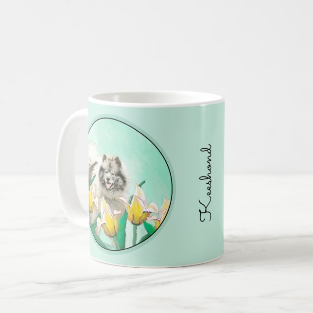 Keeshoni Tulips Painting Cute Original Hund Art Kaffemugg (Framsida vänster)