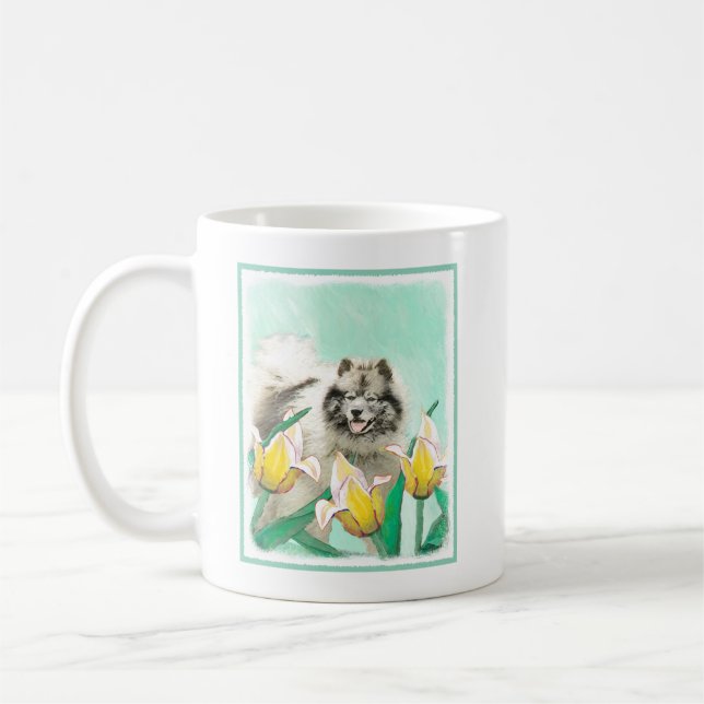 Keeshoni Tulips Painting Cute Original Hund Art Kaffemugg (Vänster)