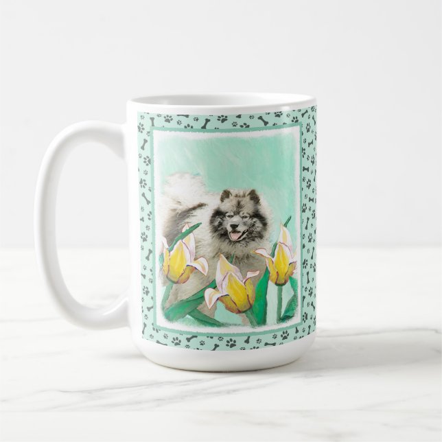Keeshoni Tulips Painting Cute Original Hund Art Kaffemugg (Vänster)