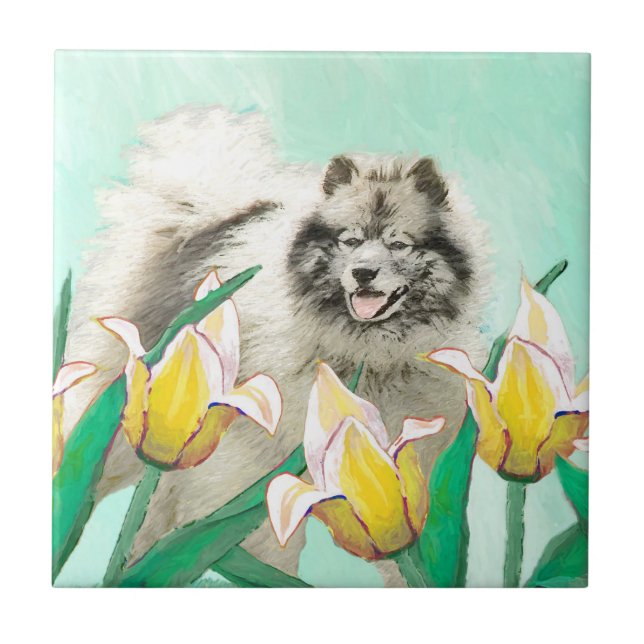 Keeshoni Tulips Painting Cute Original Hund Art Kakelplatta (Framsidan)
