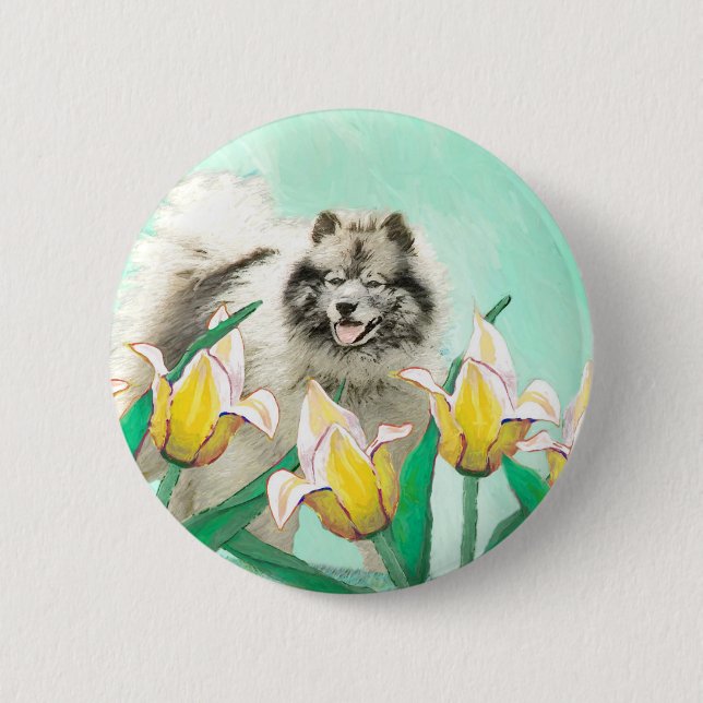Keeshoni Tulips Painting Cute Original Hund Art Knapp (Framsida)