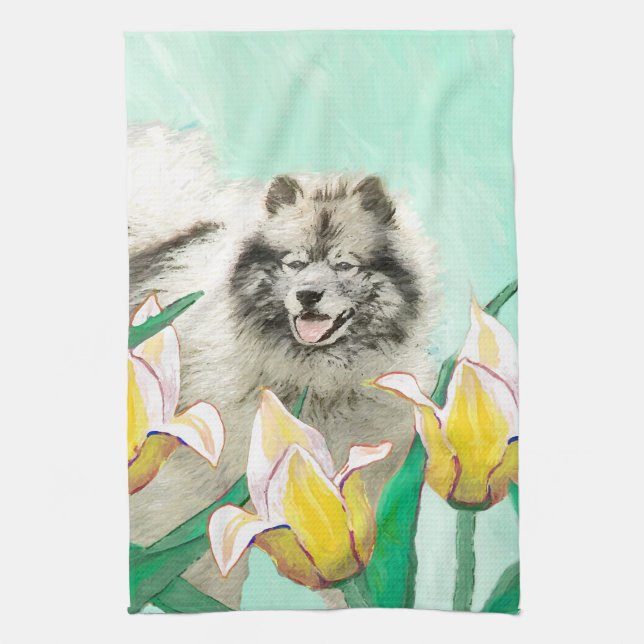 Keeshoni Tulips Painting Cute Original Hund Art Kökshandduk (Vertikal)
