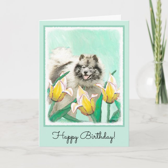 Keeshoni Tulips Painting Cute Original Hund Art Kort (Framsida)