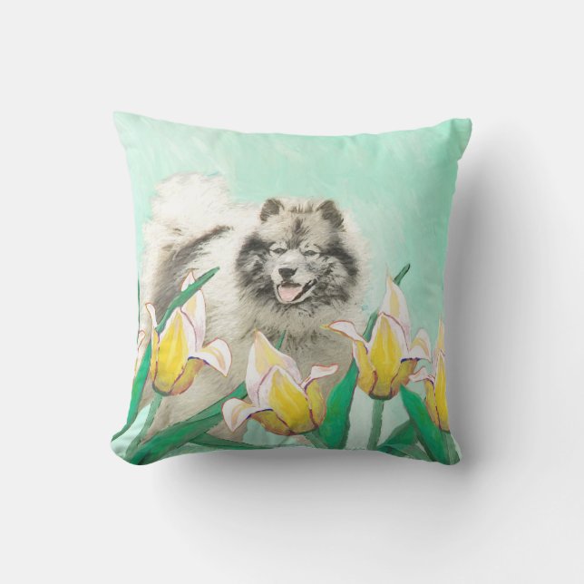 Keeshoni Tulips Painting Cute Original Hund Art Kudde (Framsida)