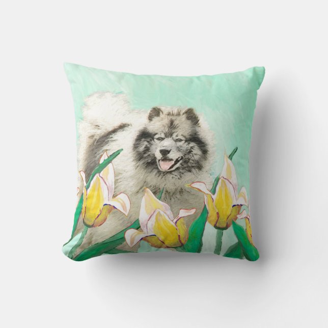 Keeshoni Tulips Painting Cute Original Hund Art Kudde (Framsida)