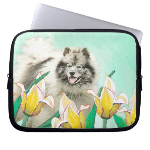 Keeshoni Tulips Painting Cute Original Hund Art Laptop Fodral