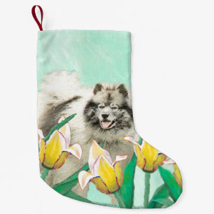 Keeshoni Tulips Painting Cute Original Hund Art Liten Julstrumpa