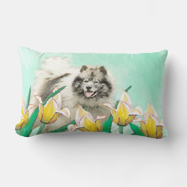 Keeshoni Tulips Painting Cute Original Hund Art Lumbarkudde (Framsida)
