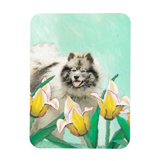 Keeshoni Tulips Painting Cute Original Hund Art Magnet (Vertikal)