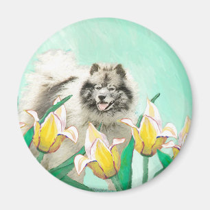 Keeshoni Tulips Painting Cute Original Hund Art Magnet