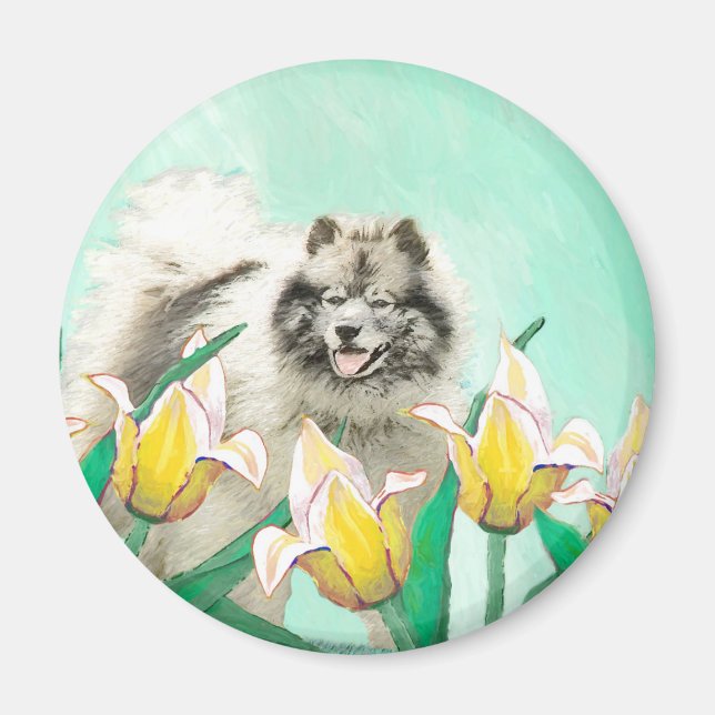 Keeshoni Tulips Painting Cute Original Hund Art Magnet (Framsidan)