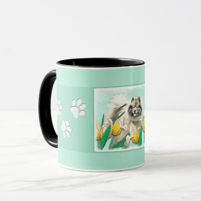 Keeshoni Tulips Painting Cute Original Hund Art Mugg (Framsida vänster)