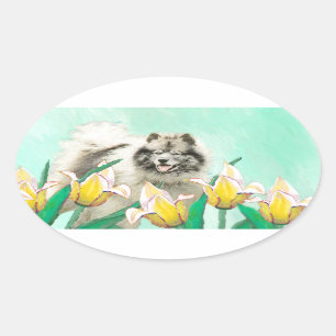 Keeshoni Tulips Painting Cute Original Hund Art Ovalt Klistermärke