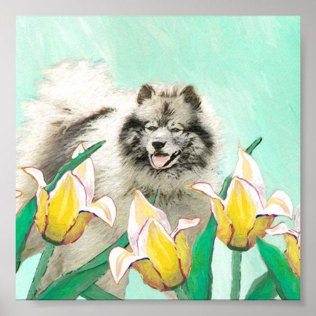 Keeshoni Tulips Painting Cute Original Hund Art Poster (Framsidan)