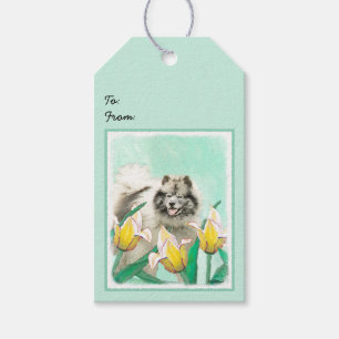 Keeshoni Tulips Painting Cute Original Hund Art Presentetikett