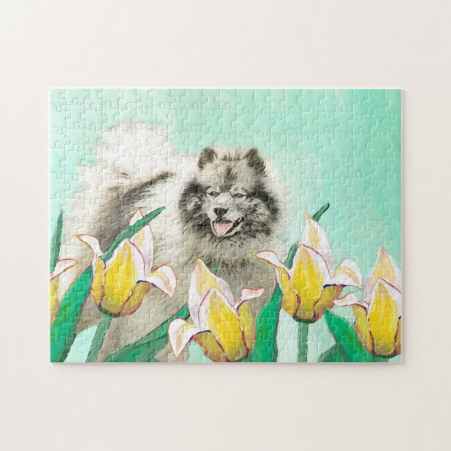 Keeshoni Tulips Painting Cute Original Hund Art Pussel (Horisontell)
