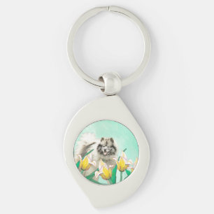 Keeshoni Tulips Painting Cute Original Hund Art Swirl Silverfärgad Nyckelring