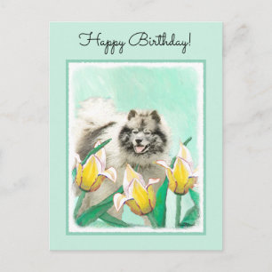 Keeshoni Tulips Painting Cute Original Hund Art Vykort