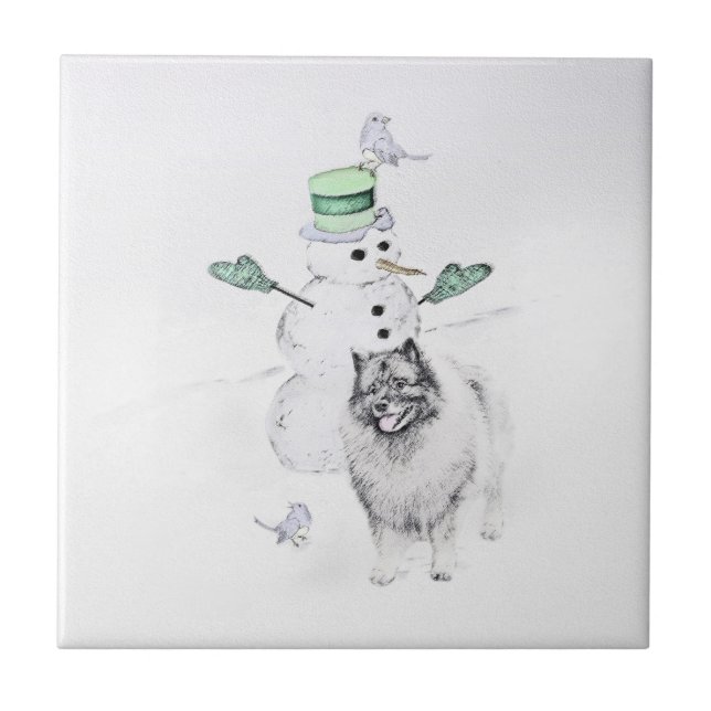 Keeshont-Hund för målning av Snögubbe vid jul Kakelplatta (Framsidan)