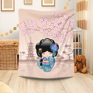 Keiko Kokeshi Docka - Blå Kimono Geisha Flicka Fleecefilt