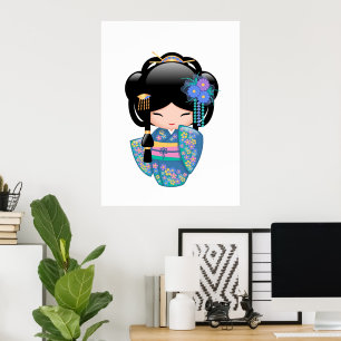 Keiko Kokeshi Docka - Geishaflicka i blå kimono Poster