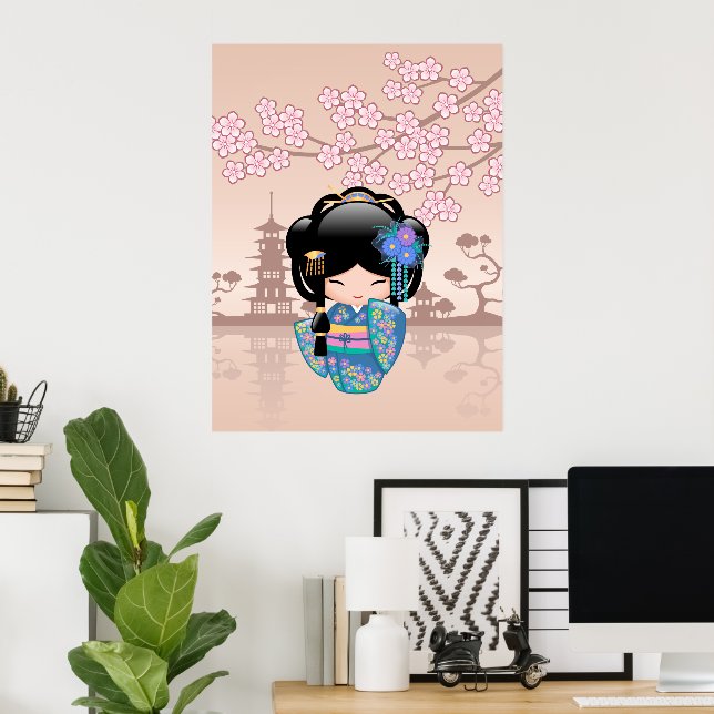 Keiko Kokeshi Docka - Geishaflicka i blå kimono Poster (Hemmakontoret)