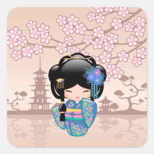 Keiko Kokeshi Doll - Blue Kimono Geisha Girl Fyrkantigt Klistermärke