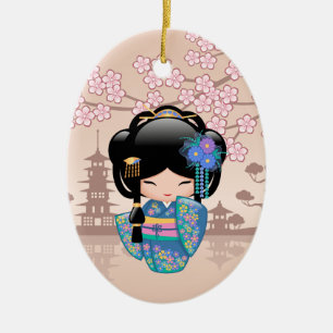 Keiko Kokeshi Doll - Blue Kimono Geisha Girl Julgransprydnad Keramik