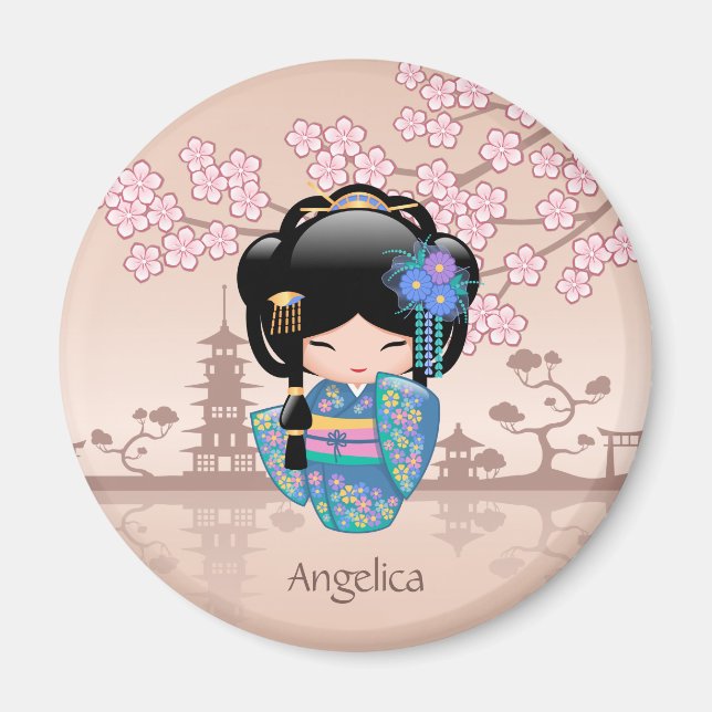 Keiko Kokeshi Doll - Blue Kimono Geisha Girl Magnet (Framsidan)