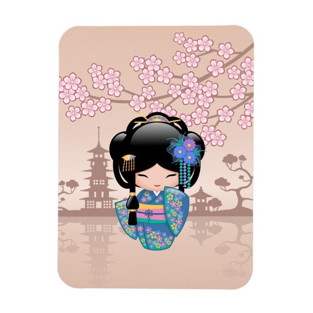 Keiko Kokeshi Doll - Blue Kimono Geisha Girl Magnet (Vertikal)
