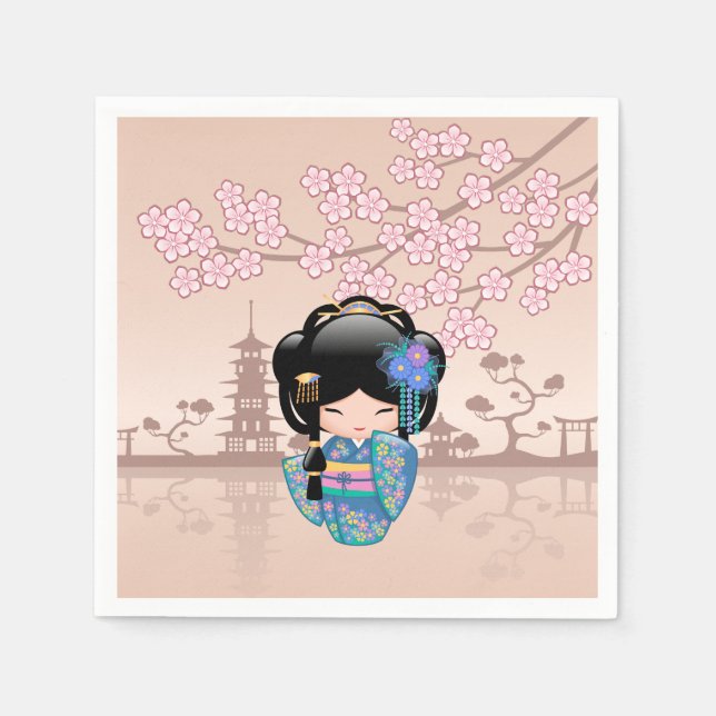 Keiko Kokeshi Doll - Blue Kimono Geisha Girl Pappersservett (Framsidan)