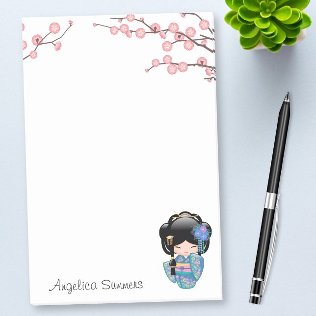 Keiko Kokeshi Doll - Blue Kimono Geisha Girl Post-it Block (Skapare uppladdad)