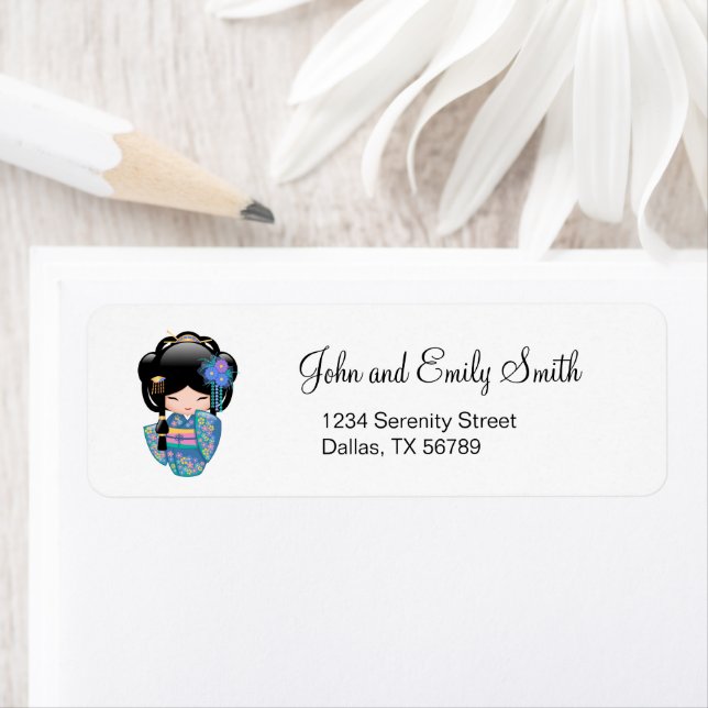 Keiko Kokeshi Doll - Blue Kimono Geisha Girl Returadress Etikett (Insitu)