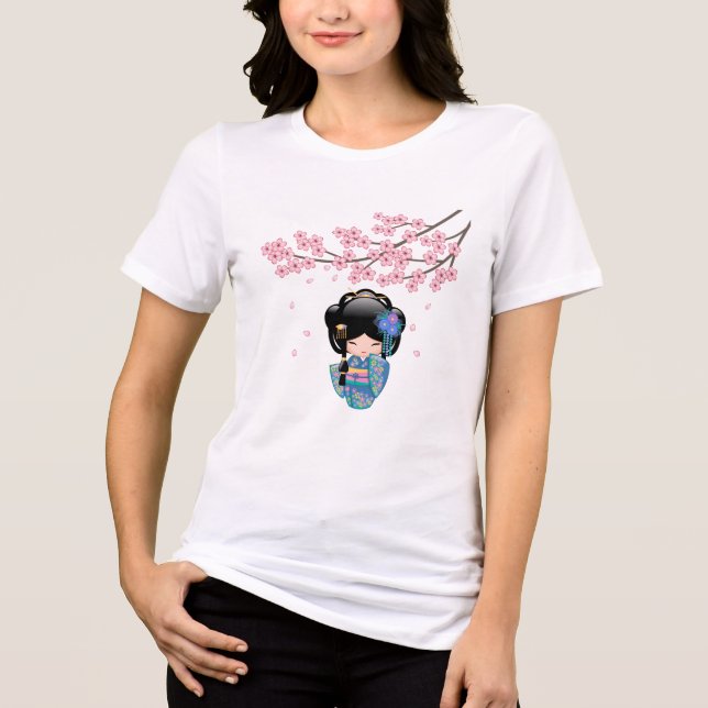 Keiko Kokeshi Doll - Blue Kimono Geisha Girl T Shirt (Framsida)