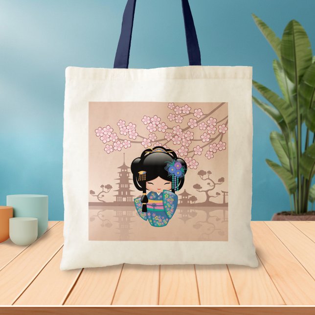 Keiko Kokeshi Doll - Blue Kimono Geisha Girl Tygkasse (Skapare uppladdad)