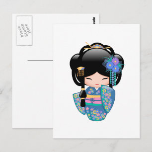Keiko Kokeshi Doll - Blue Kimono Geisha Girl Vykort