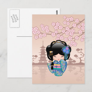 Keiko Kokeshi Doll - Blue Kimono Geisha Girl Vykort