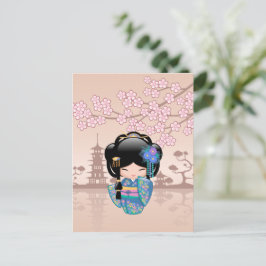 Keiko Kokeshi Doll - Blue Kimono Geisha Girl Vykort