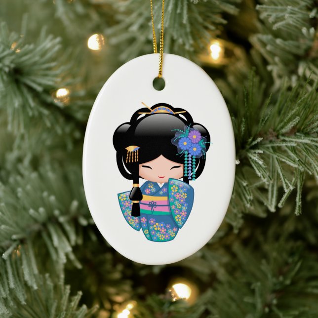 Keiko Kokeshi Doll - Blue Kimono Geisha Julgransprydnad Keramik (Träd)