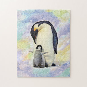 Kejsare Penguin med Baby Chick vattenfärg Pussel