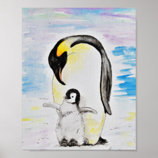 Kejsare Penguin och Chick - vattenfärgsmålning Poster
