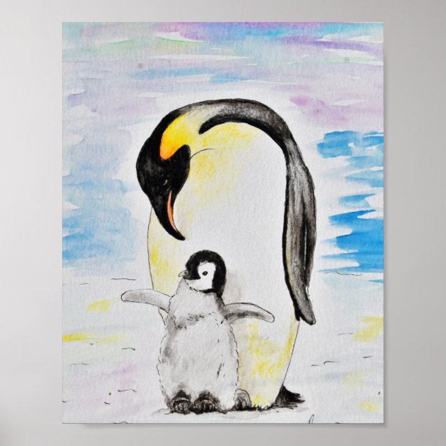 Kejsare Penguin och Chick - vattenfärgsmålning Poster (Framsidan)