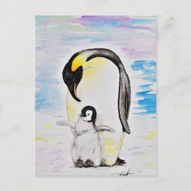 Kejsare Penguin och Chick - vattenfärgsmålning Vykort (Framsida)
