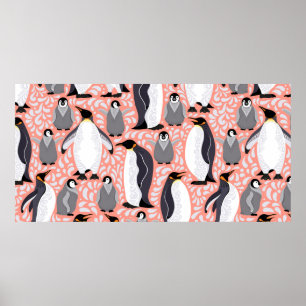Kejsarpenguiner och deras unge på ett rosa mönster poster