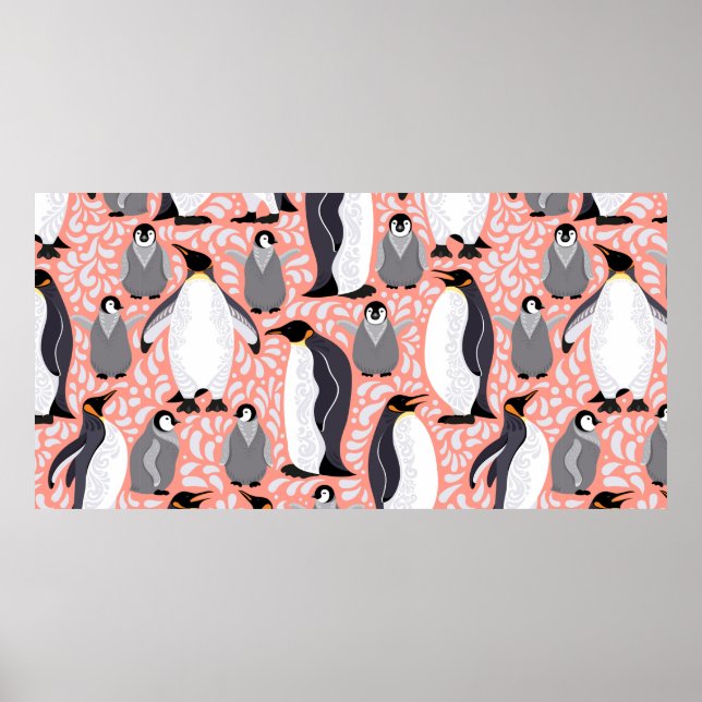 Kejsarpenguiner och deras unge på ett rosa mönster poster (Framsidan)