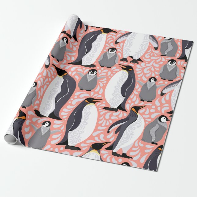 Kejsarpenguiner och deras unge på ett rosa mönster presentpapper (Utrullad)