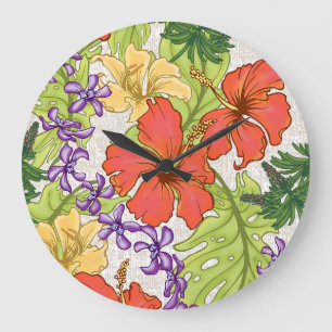 Keleah Tropical Hawaiian Hibiscus och Orchids Stor Klocka