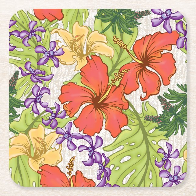 Keleah Tropical Hawaiian Hibiscus och Orchids Underlägg Papper Kvadrat (Framsidan)